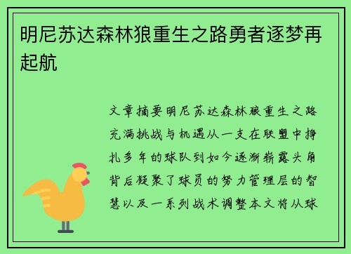 明尼苏达森林狼重生之路勇者逐梦再起航